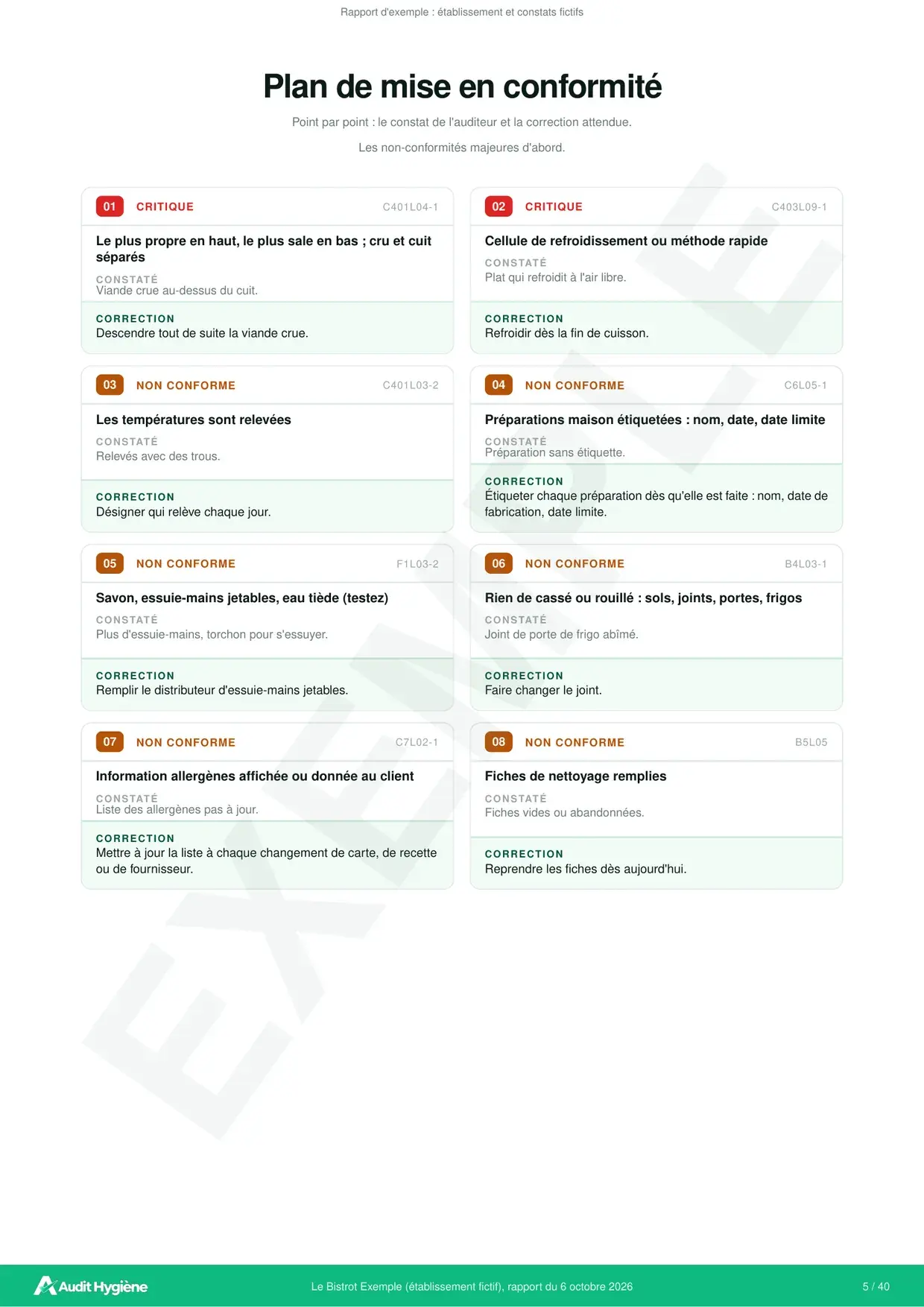 Plan de mise en conformité d'un rapport d'audit hygiène d'exemple, avec deux points critiques et six non conformes