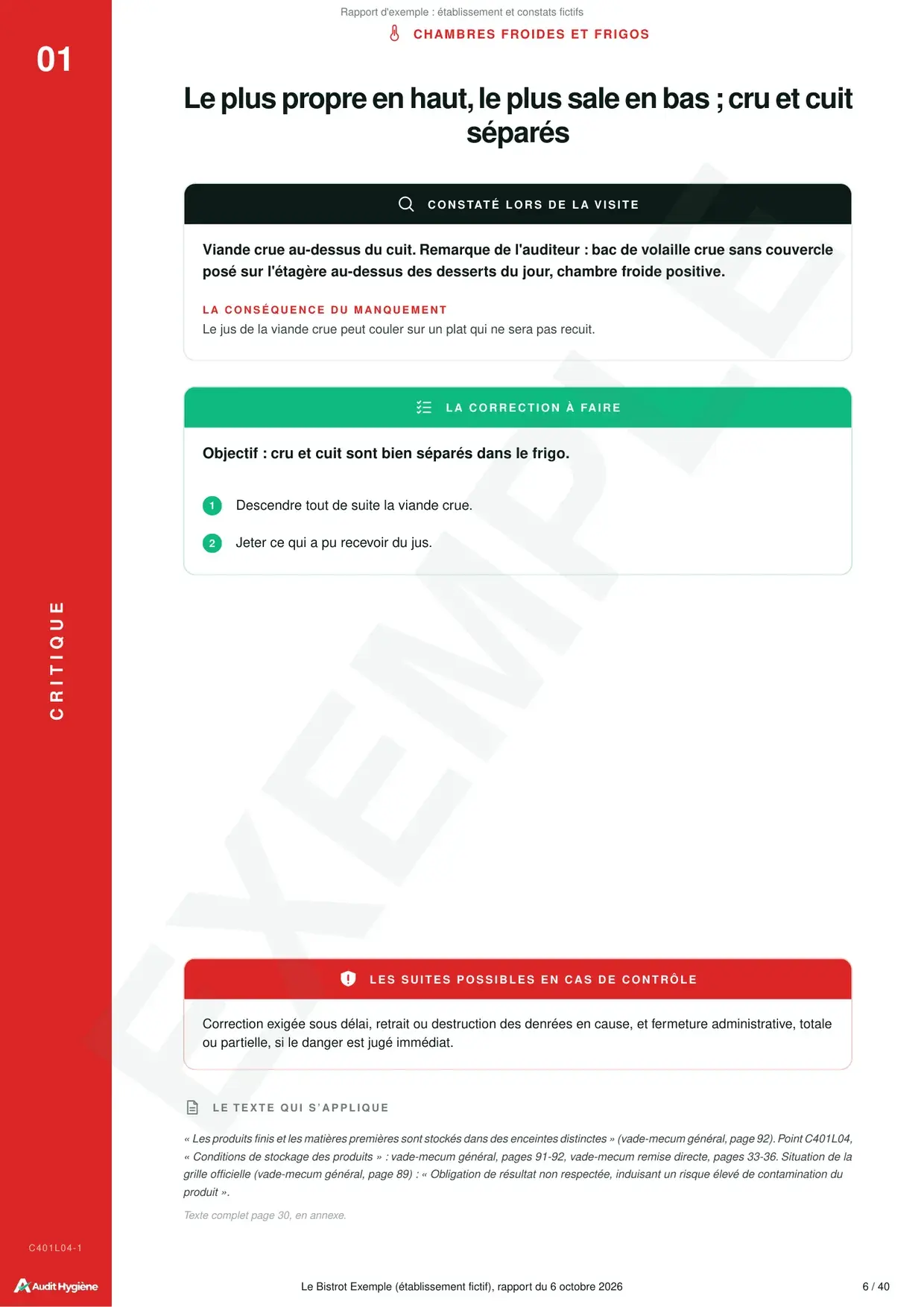 Fiche détaillée d'un point critique dans un rapport d'audit hygiène d'exemple : cru et cuit séparés dans le frigo