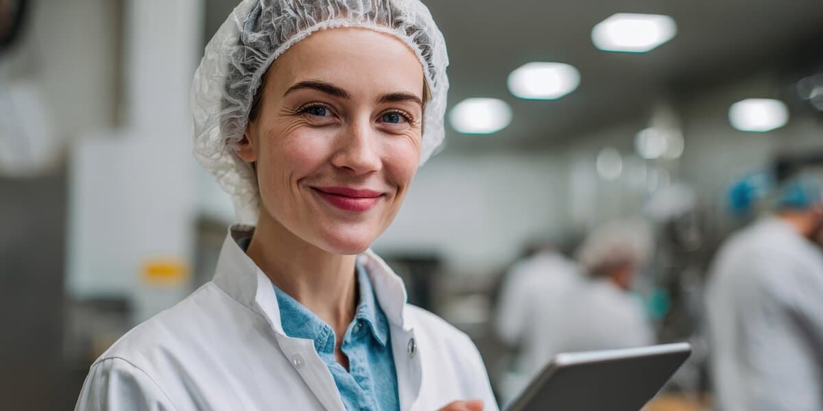 Auditrice contrôlant une cuisine professionnelle avec une tablette